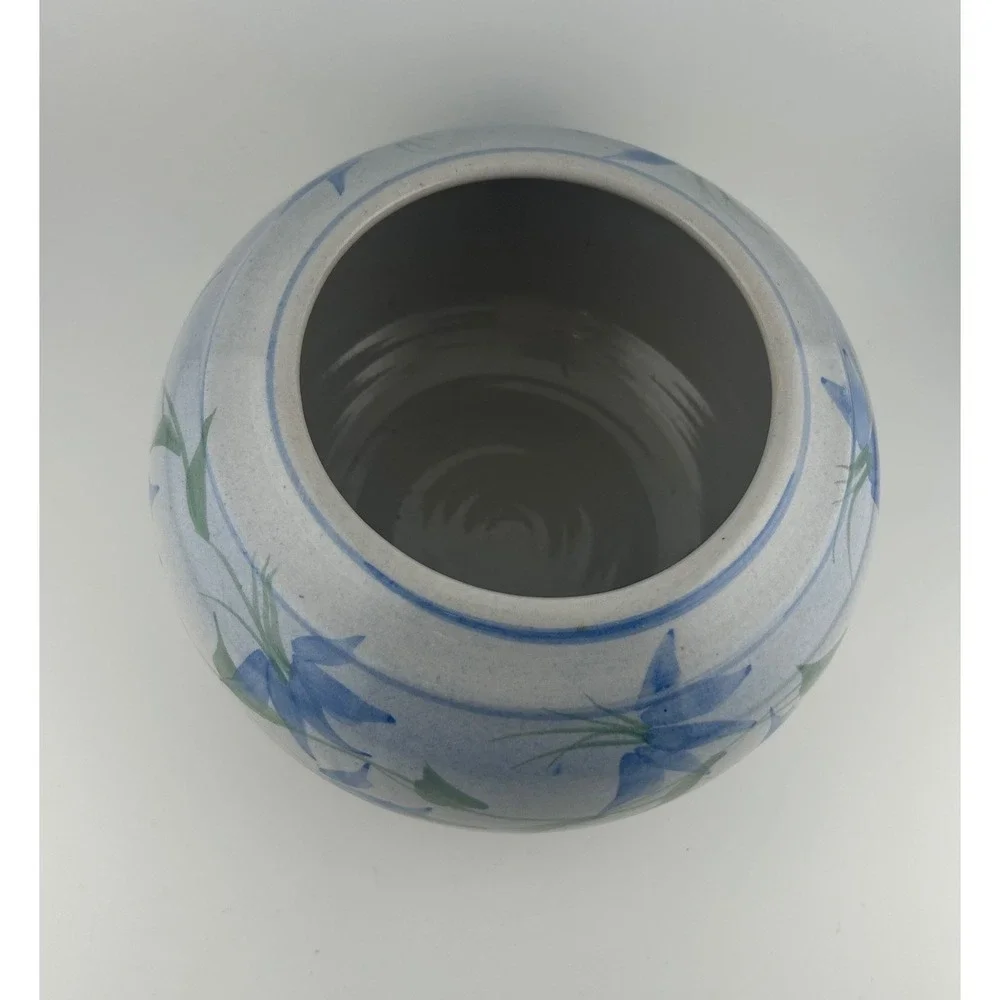 Vintage Signed KORN 94 Ceramic Vase Blue Floral Round‎ Pottery Art Decor